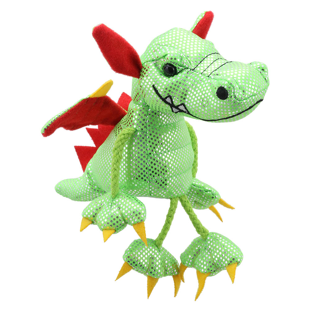 The Puppet Company Fingerpuppe Grüner Drache, grüne glitzernde Fingerpuppe mit roten Flügeln und langen Stoffbeinen, Frontansicht