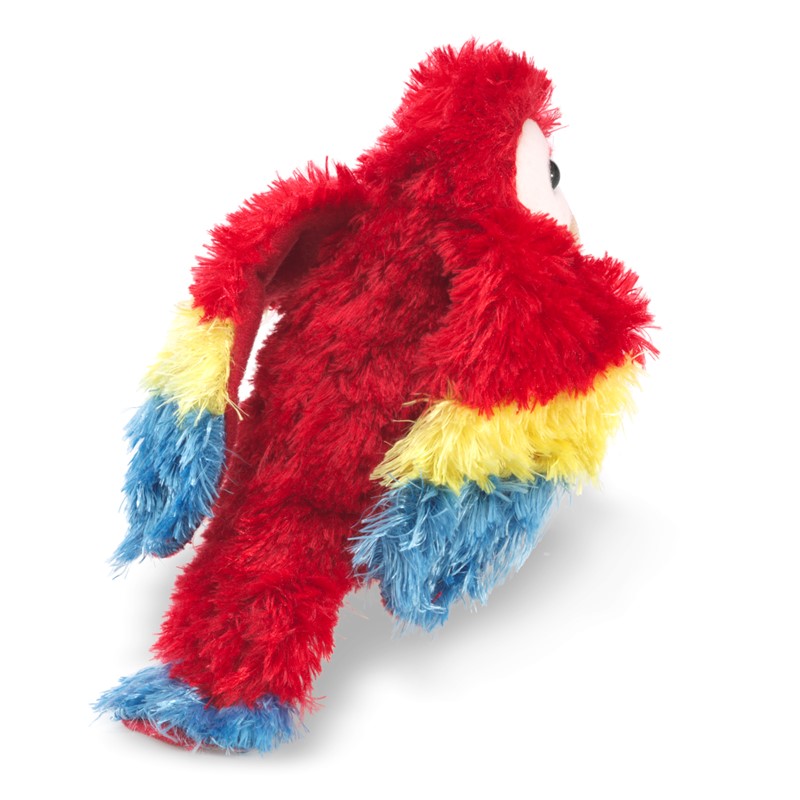 Folkmanis mini scarlet macaw finger puppet in red with yellow and blue wings, shown at an angle on a white background