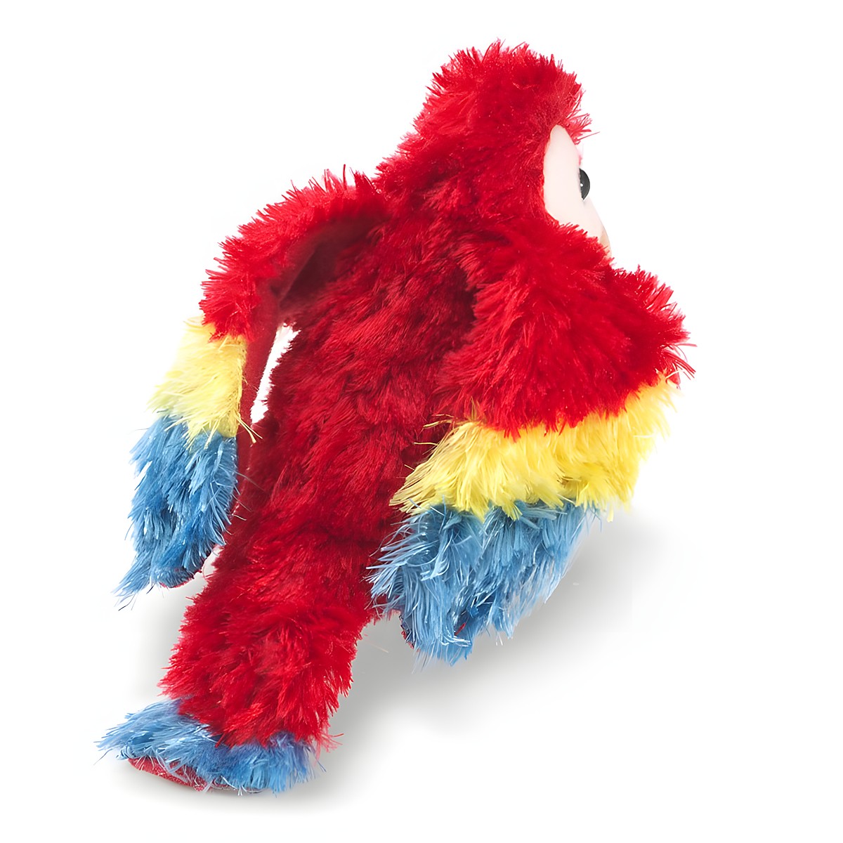 Folkmanis mini scarlet macaw finger puppet in red with yellow and blue wings, shown at an angle on a white background