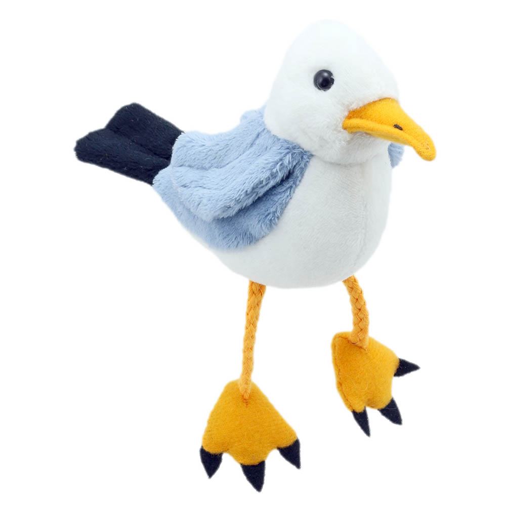 The Puppet Company Fingerpuppe Möwe, weiß-graue Puppe mit gelbem Schnabel und langen Stoffbeinen