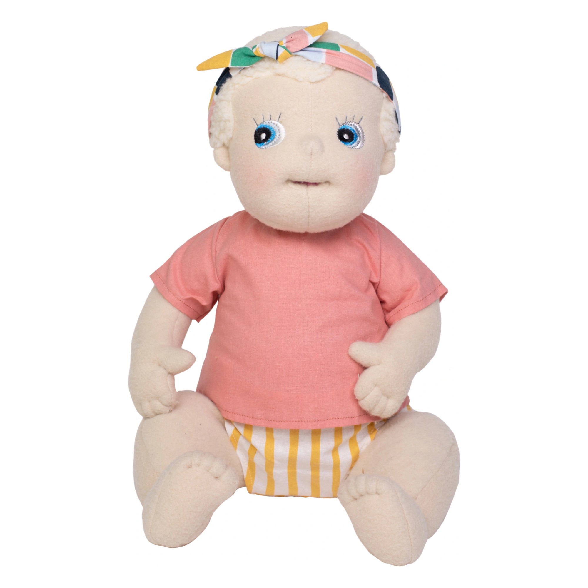 Rubens Barn Baby-Puppe Esme mit hellem Haar, rosa Shirt und gelb gestreifter Windelhose, sitzend