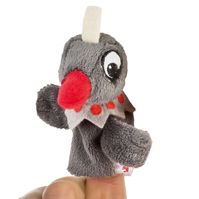 Heunec finger puppet Frau Elster, grey plush character with a white feather tuft, red beak and red dots, worn on a finger