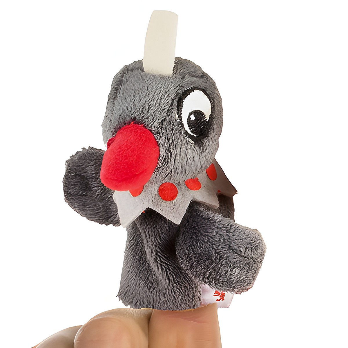 Heunec Fingerpuppe Frau Elster, graue Plueschfigur mit weissem Federschopf, rotem Schnabel und roten Punkten, auf Finger gesteckt