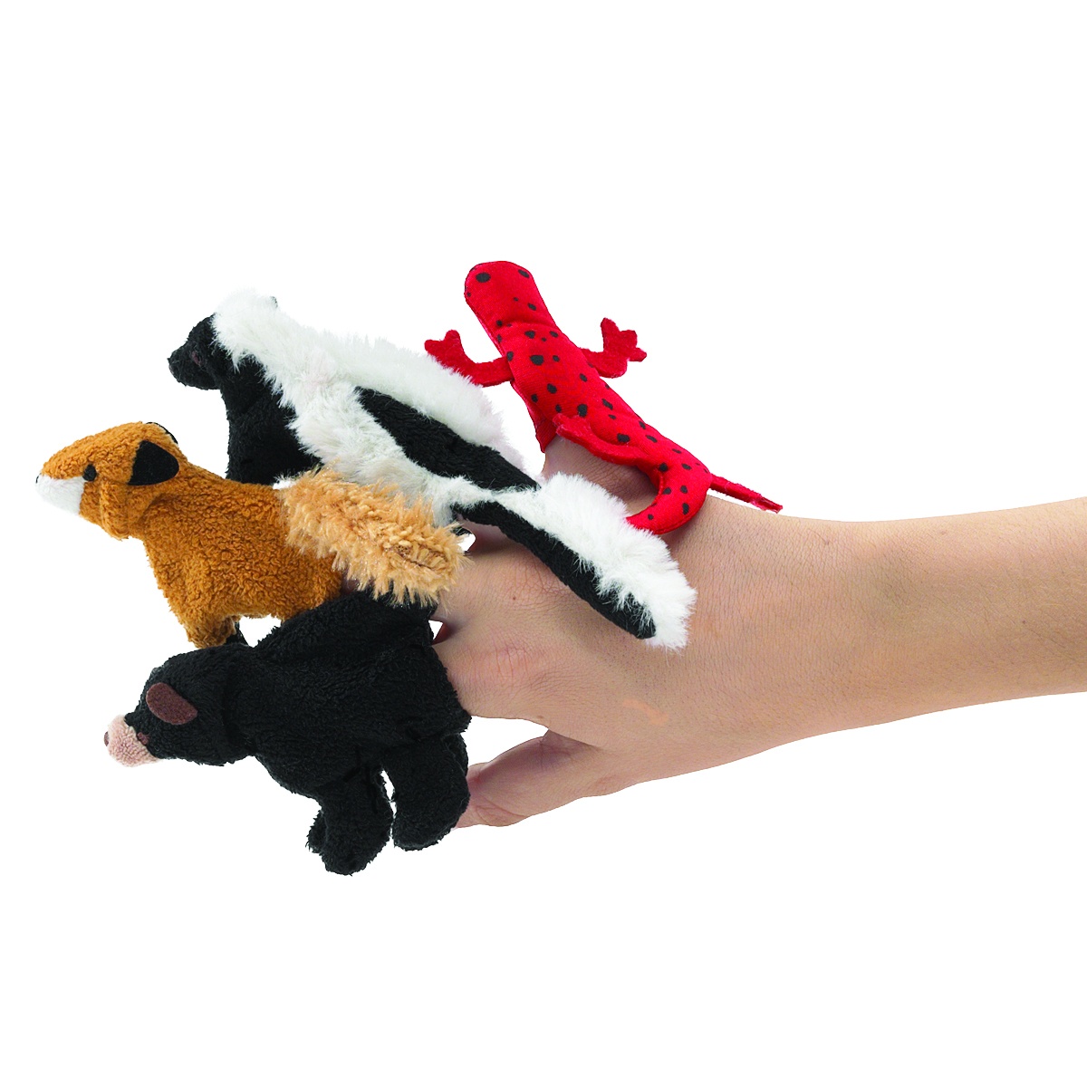 Four Folkmanis finger puppets – black bear, fox, skunk and red salamander – worn on one hand, side view