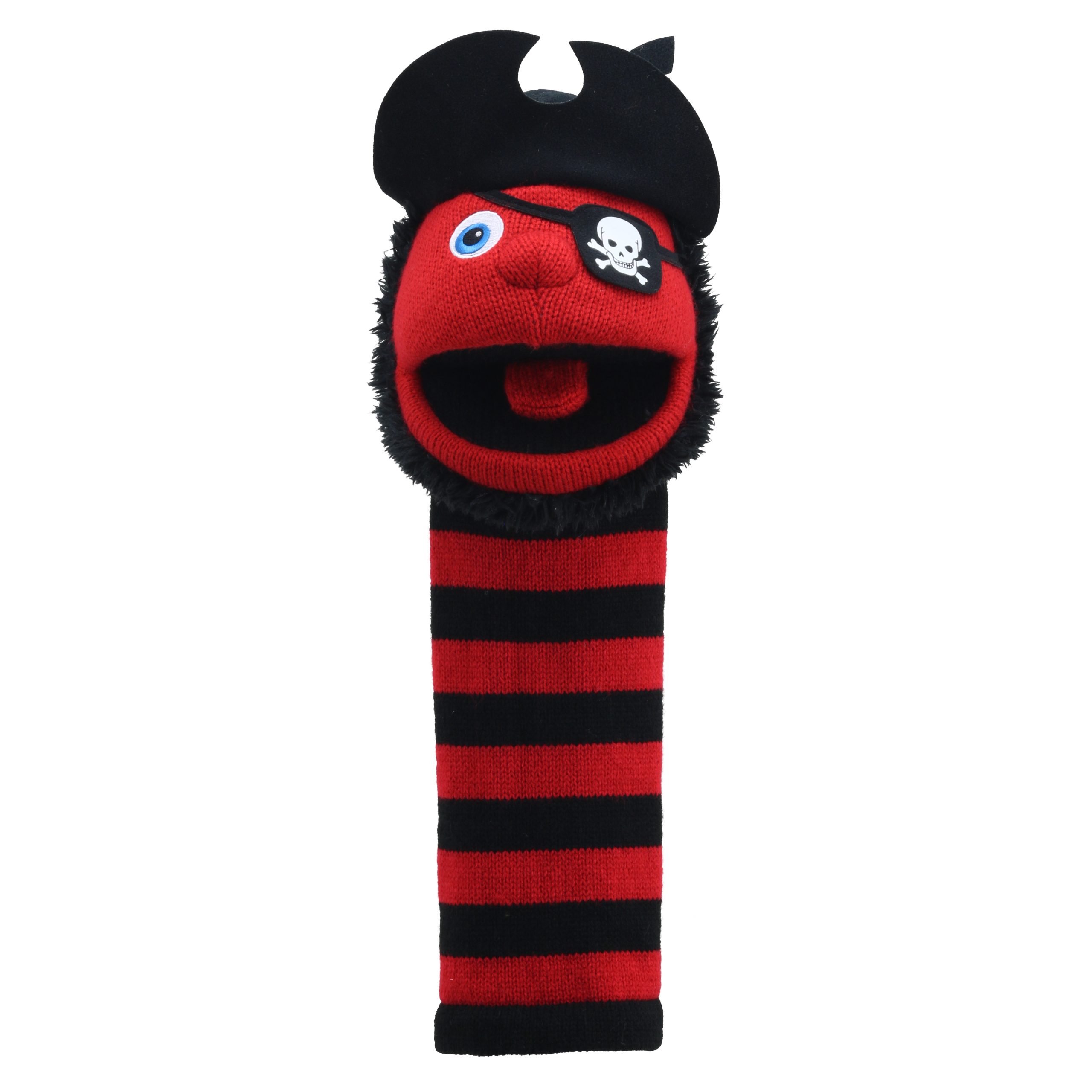 The Puppet Company sock puppet Pirate, red and black monster with a bandana, eye patch and skull motif
