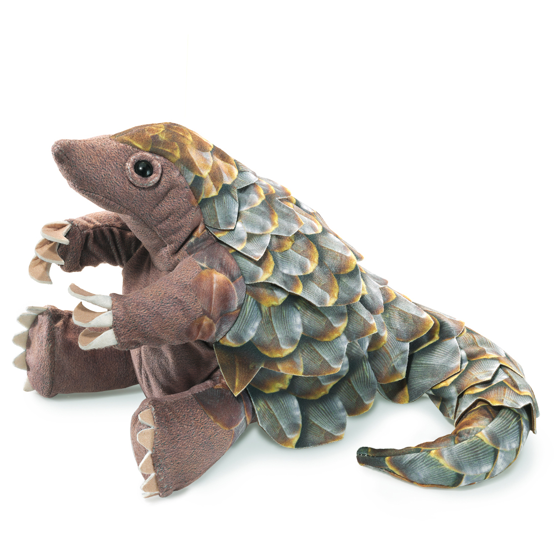 Folkmanis Pangolin-Handpuppe mit detailliert gestalteten graublaubraunen Schuppen, geöffnetem Maul und Krallen, Seitenansicht