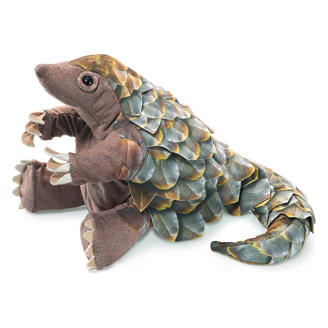 Folkmanis Pangolin-Handpuppe mit detailliert gestalteten graublaubraunen Schuppen, geöffnetem Maul und Krallen, Seitenansicht