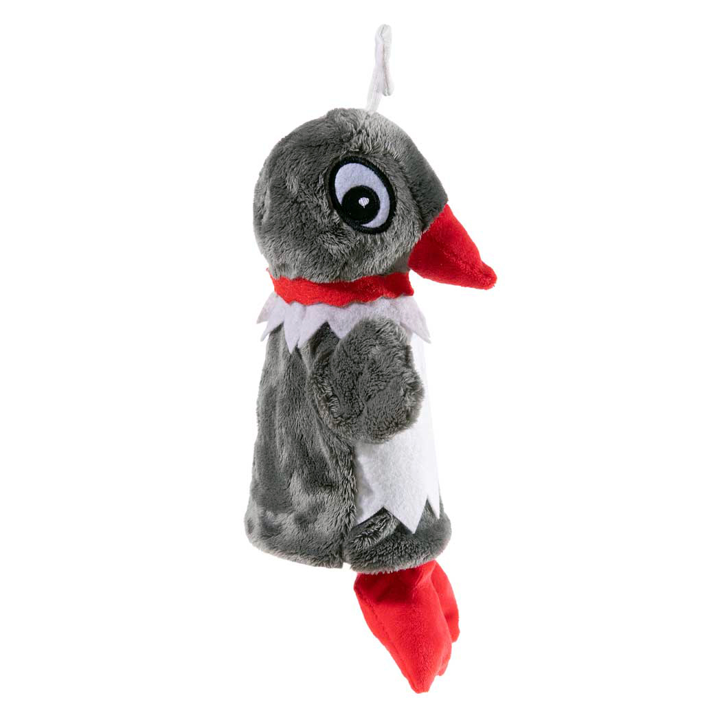 Heunec hand puppet Frau Elster, grey plush puppet in profile with red beak and red collar