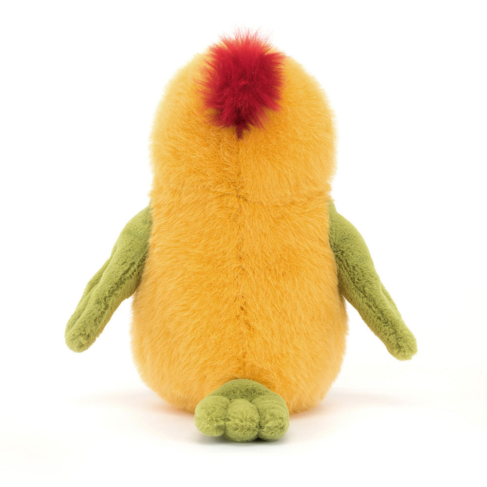 Jellycat plush toy parrot Budgeby Parrot, back view with a red feather crest and green wings