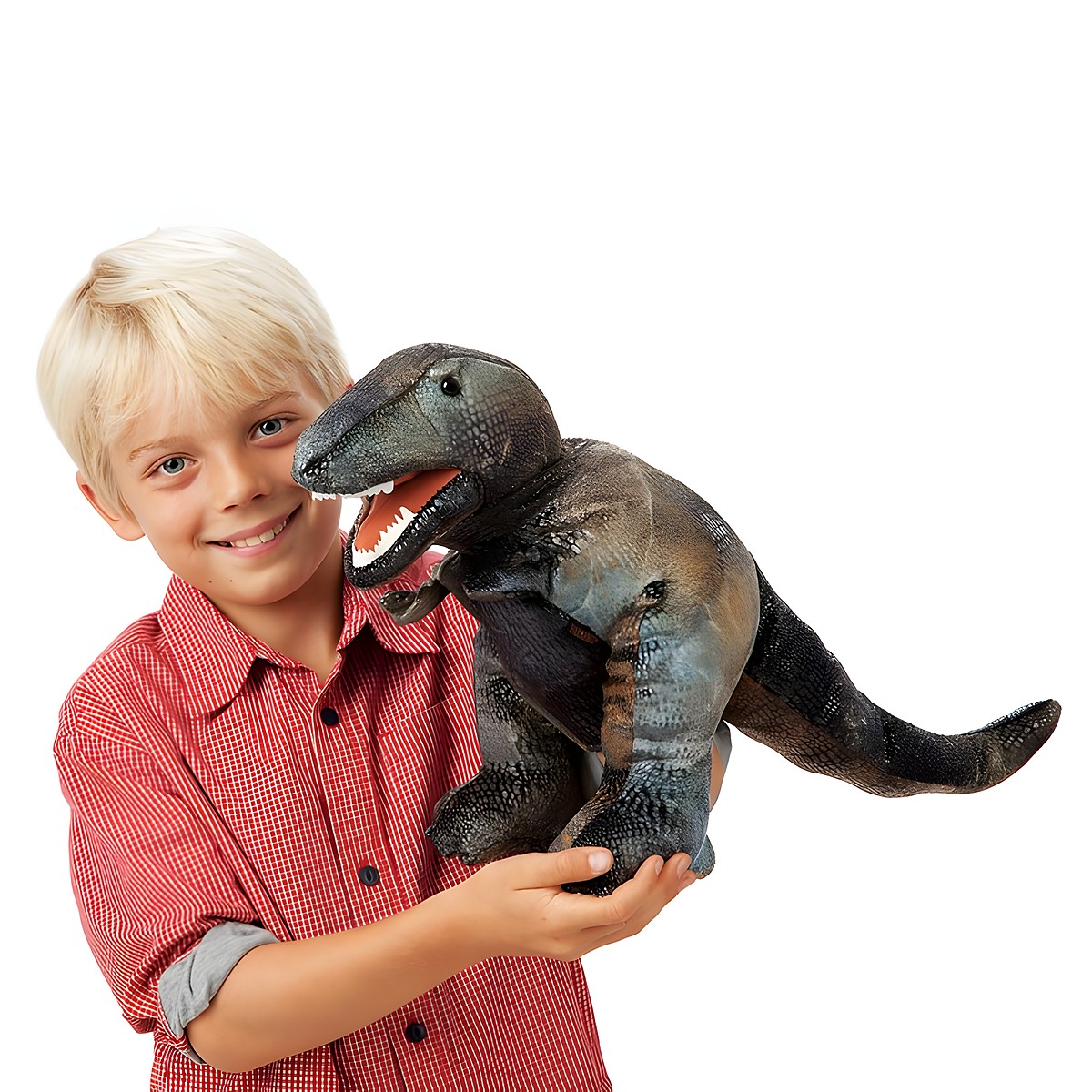 Boy holding the Folkmanis Small Tyrannosaurus Rex hand puppet with open mouth and detailed grey-green-brown scale texture