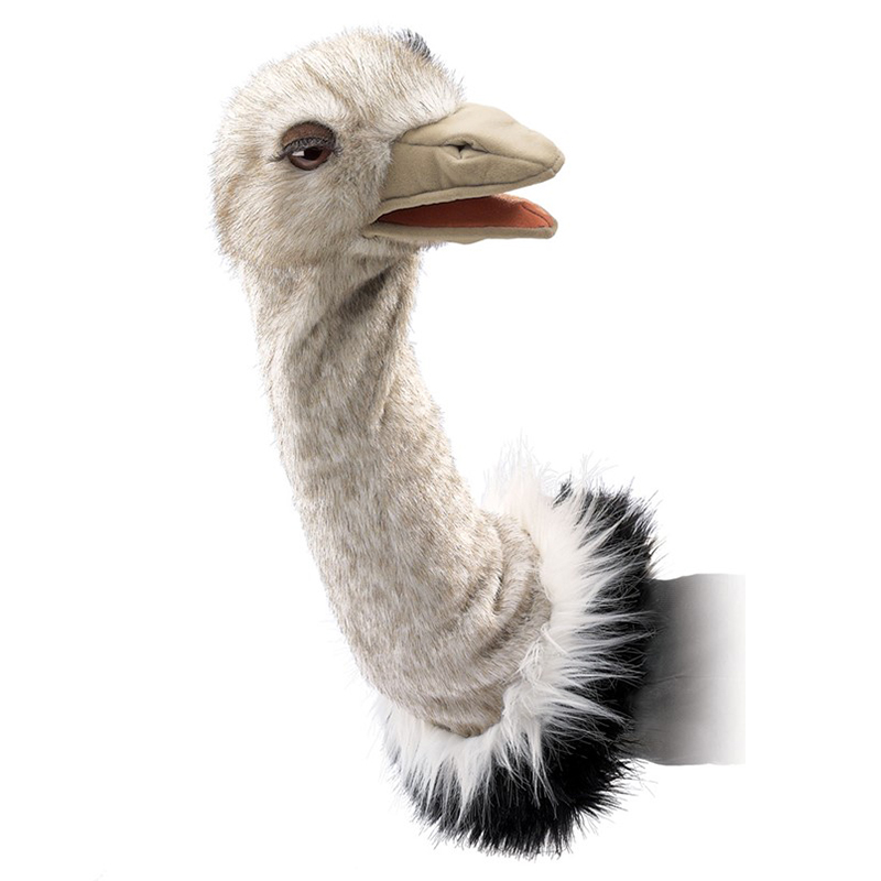 Folkmanis ostrich hand puppet with long neck, open beak and black-and-white plumage, side view