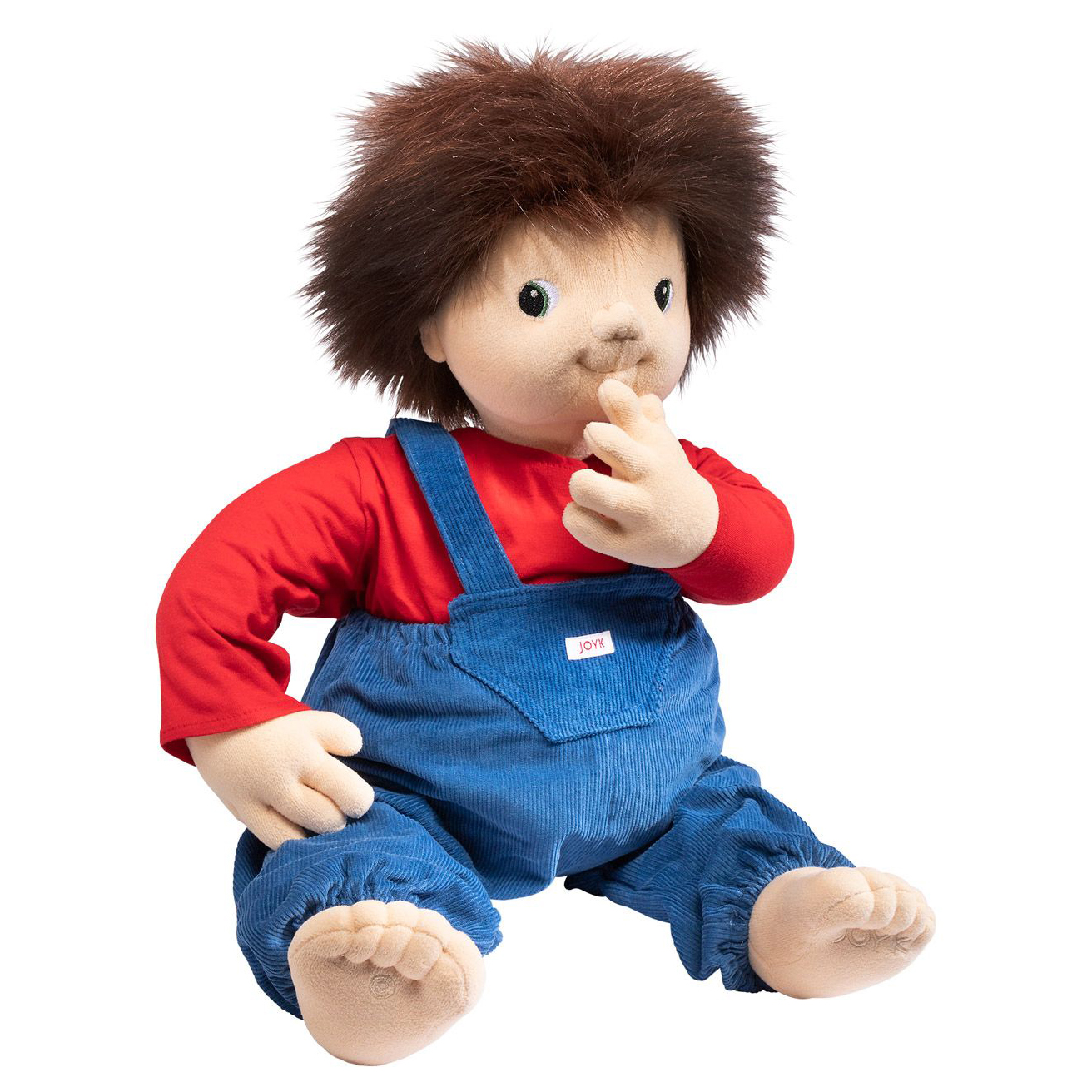 Joyk empathy doll Johan with brown tousled hair, red shirt and blue corduroy dungarees, sitting