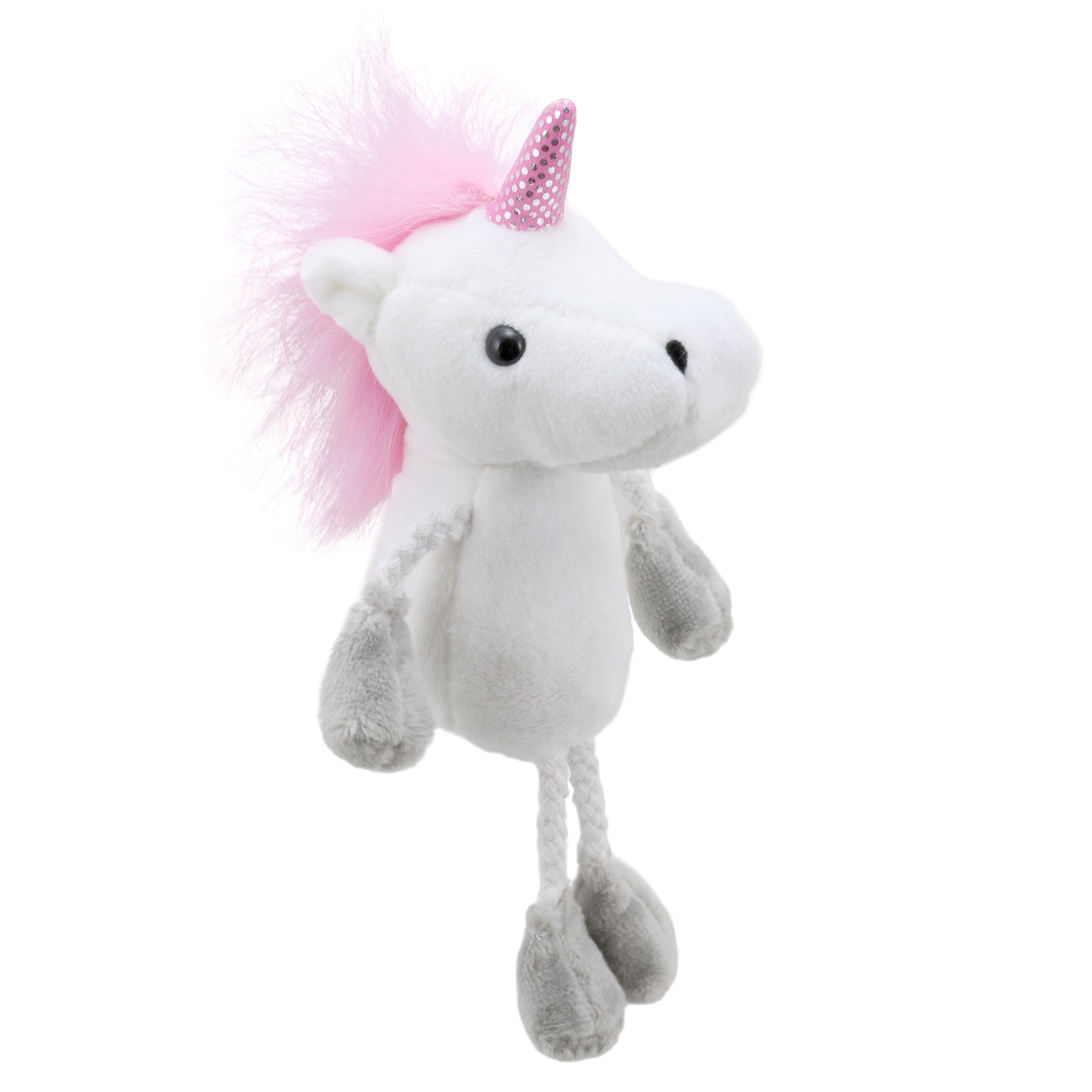 The Puppet Company Fingerpuppe Einhorn, weiße Fingerpuppe mit rosafarbener Mähne und Horn, langen Stoffbeinen