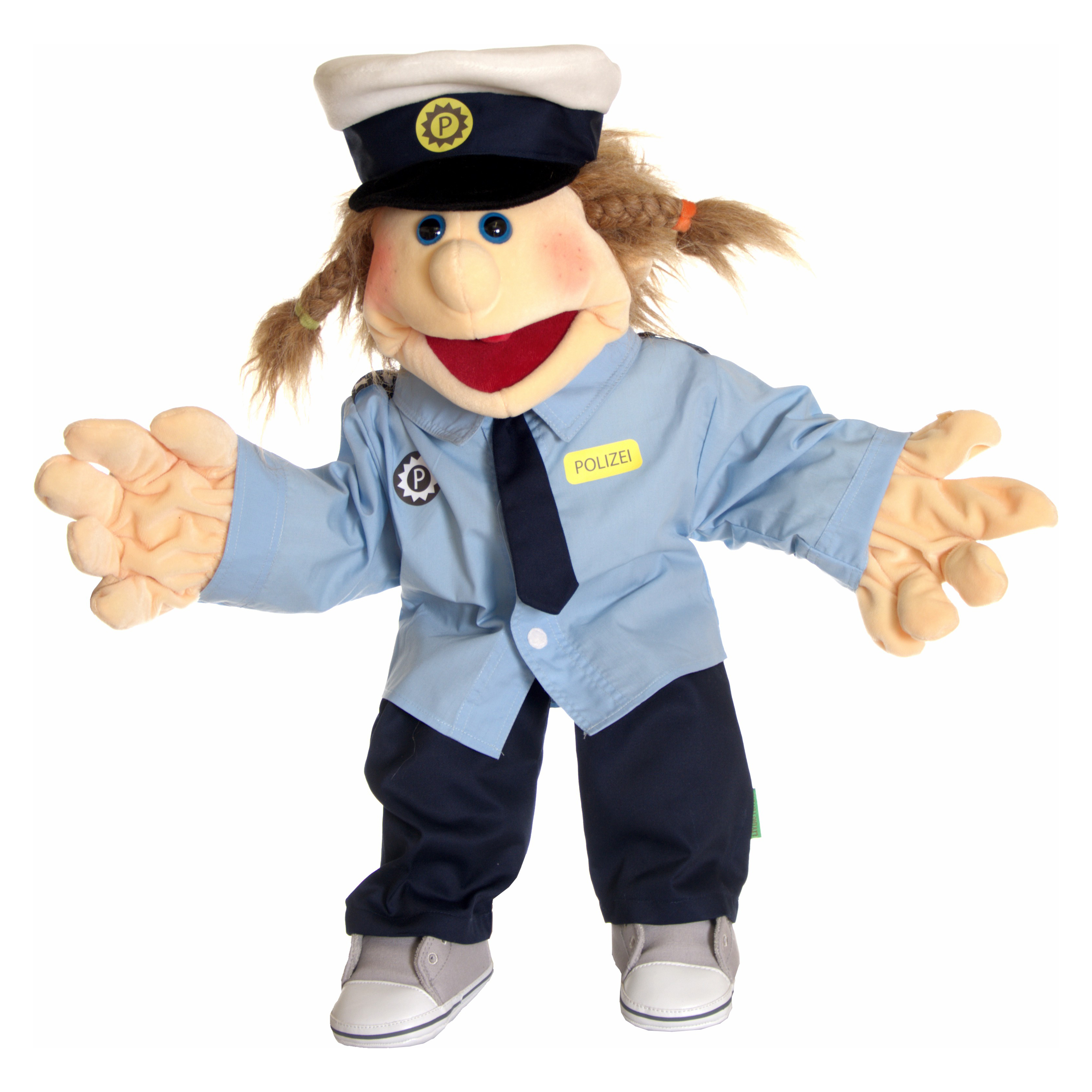 Living Puppets Polizei-Kleidungsset für Handpuppen mit 65 cm, hellblaues Hemd mit Krawatte, dunkelblaue Hose und Polizeimütze, getragen von einer Handpuppe