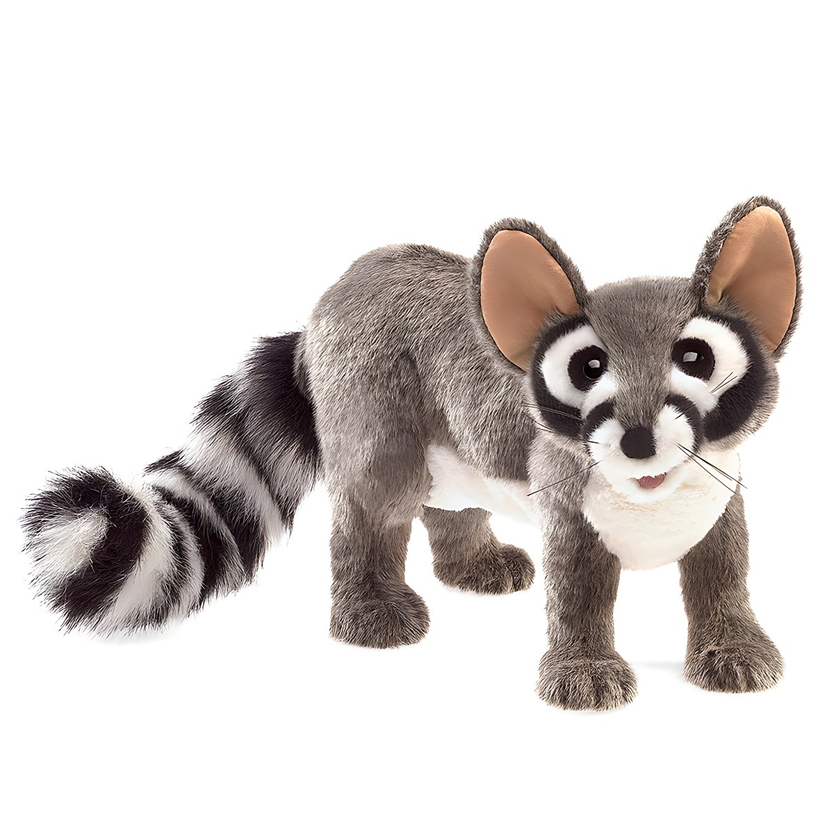 Folkmanis Handpuppe Katzenfrett mit grau-weißem Fell, schwarz-weiß geringeltem Schwanz und großen Ohren in Seitenansicht