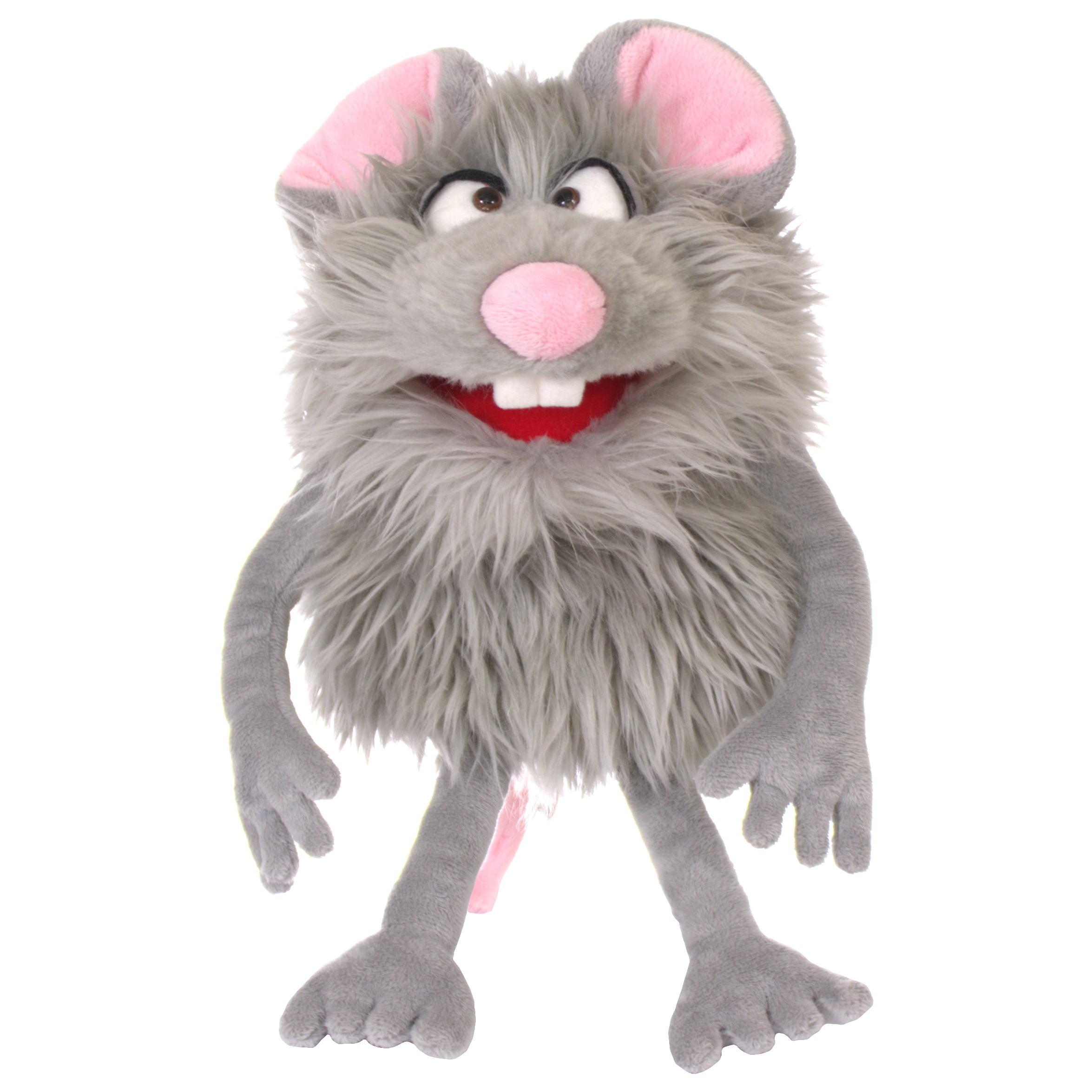 Living Puppets hand puppet Tüddel from the Monster to go series, grey shaggy mouse with pink ears and nose and an open mouth