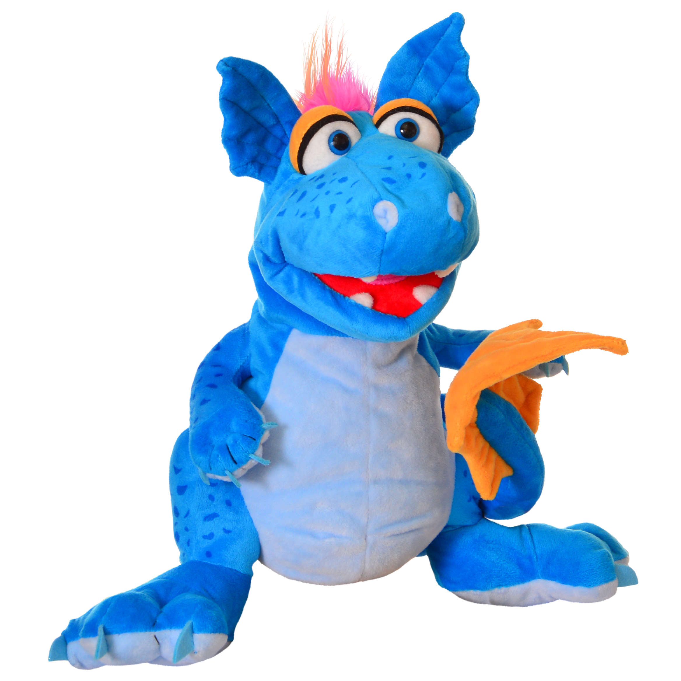 Living Puppets hand puppet Cosmo the dragon in blue with orange wings and pink tuft