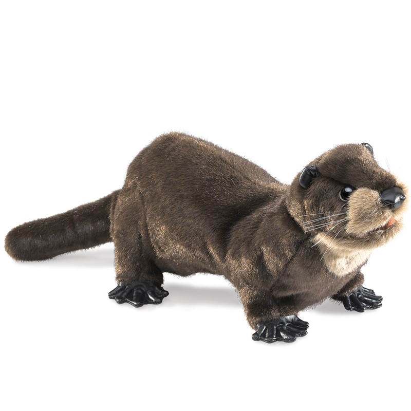 Folkmanis Handpuppe Flussotter in dunkelbraunem Plüsch, stehend mit hellem Kehlfleck und schwarzen Pfoten, Seitenansicht