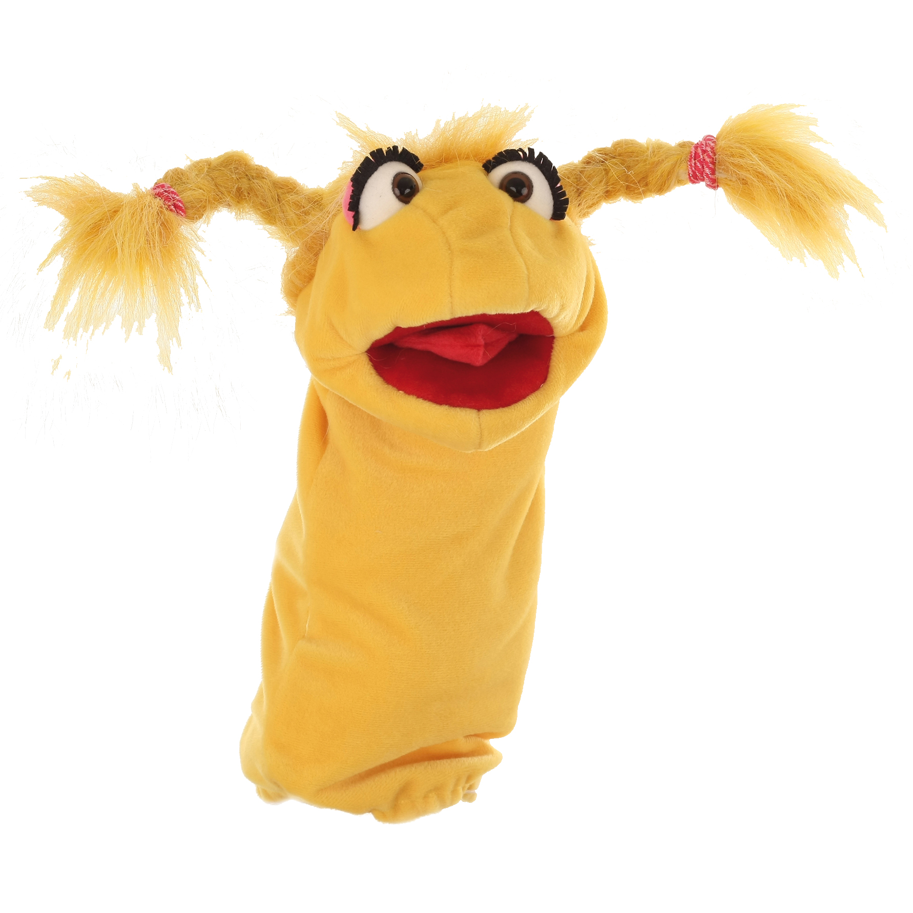 Living Puppets Strumpfhandpuppe Frau Schnatterschnute, gelb mit geflochtenen Zöpfen, Wimpern und geöffnetem rotem Mund