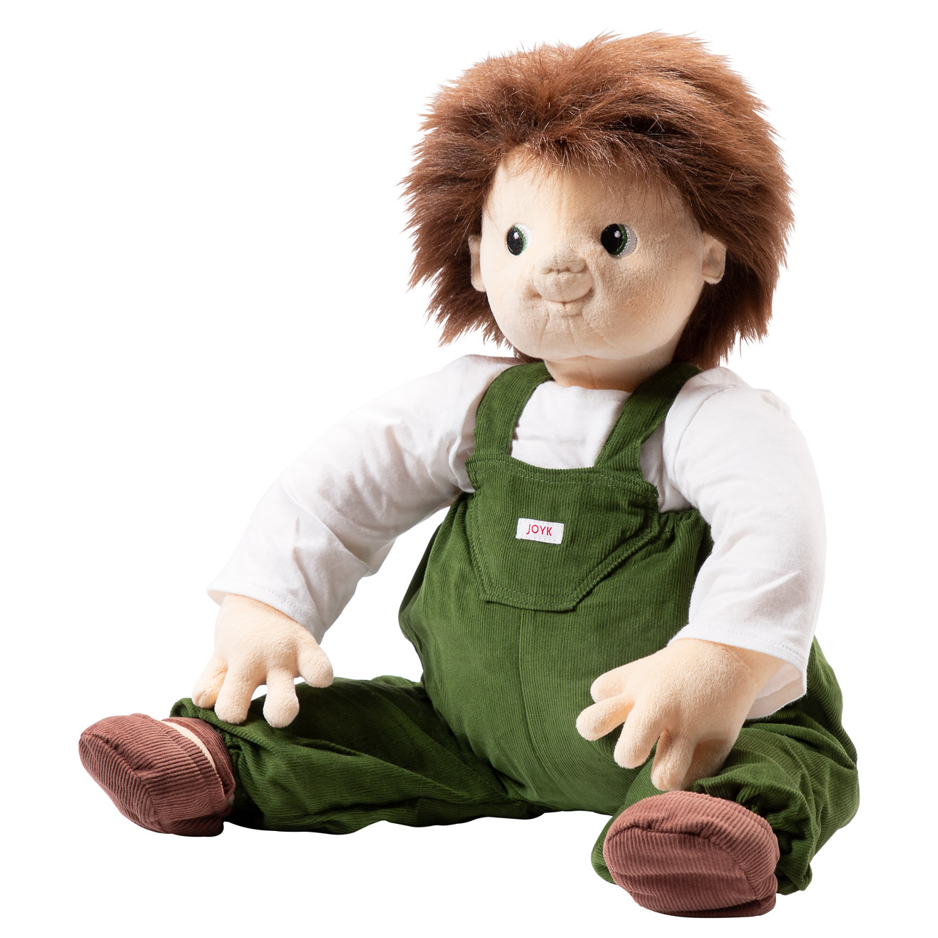 Joyk empathy doll Marco with brown tousled hair, white shirt and green corduroy dungarees, sitting
