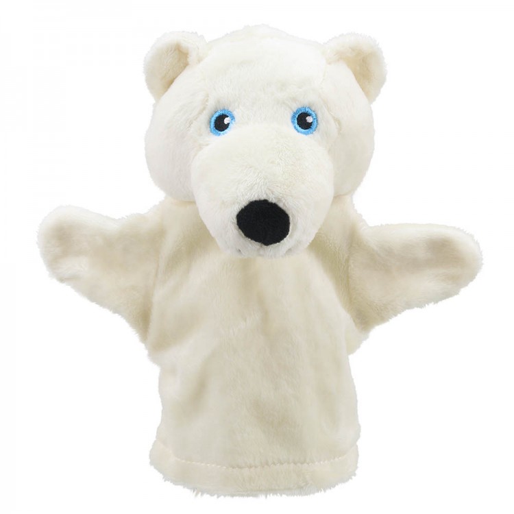 The Puppet Company baby hand puppet polar bear, cream-white puppet with blue eyes, front view