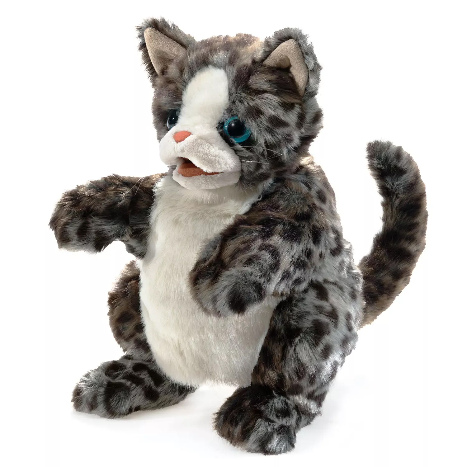 Folkmanis wildcat kitten hand puppet with grey-black spotted fur, white face mask and turquoise eyes, front view