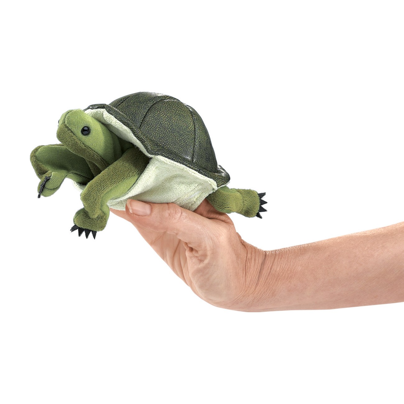 Folkmanis Fingerpuppe mini Schildkröte in Grün auf einer Hand, mit strukturiertem Panzer und beweglichem Kopf