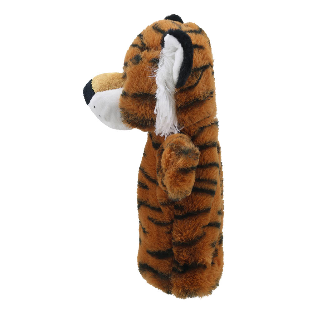 The Puppet Company baby hand puppet tiger, orange tiger with white ear markings, side view