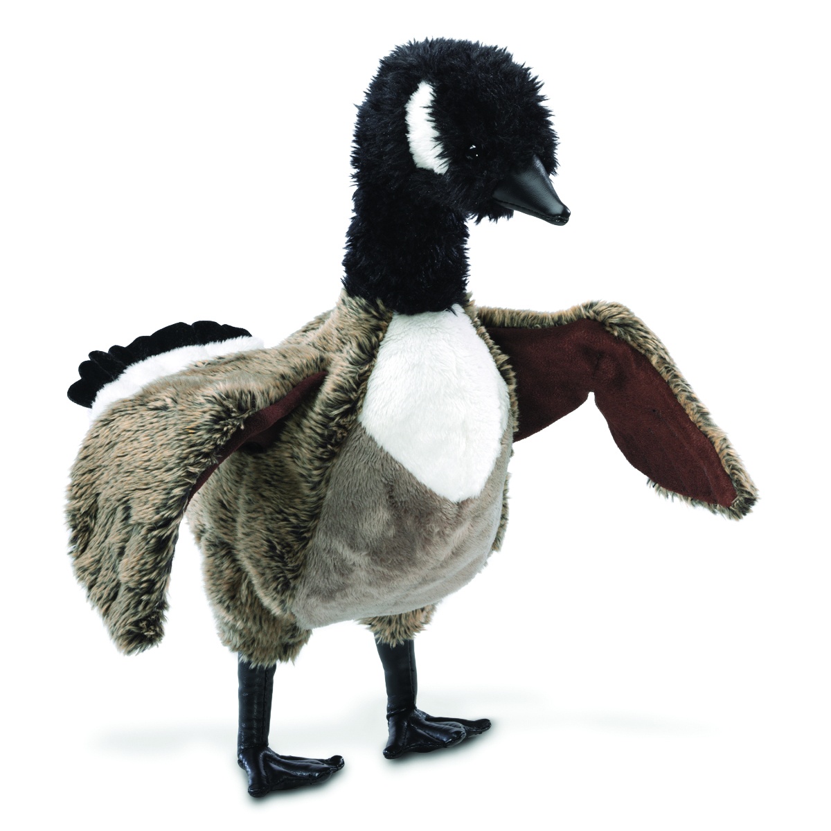 Folkmanis Canada Goose hand puppet with spread wings, black neck, white cheek patch and black bill, side view