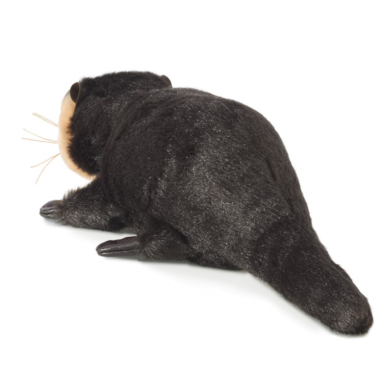 Folkmanis mini river otter finger puppet in black with a beige face and whiskers, side view