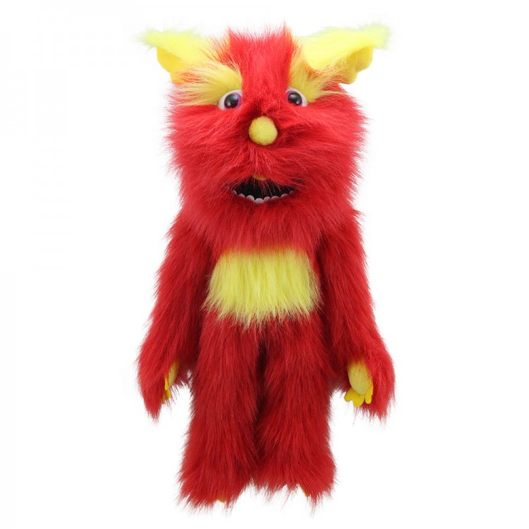 The Puppet Company Handpuppe Monster Rot, rotes zottiges Monster mit gelben Ohren und gelbem Bauchfleck