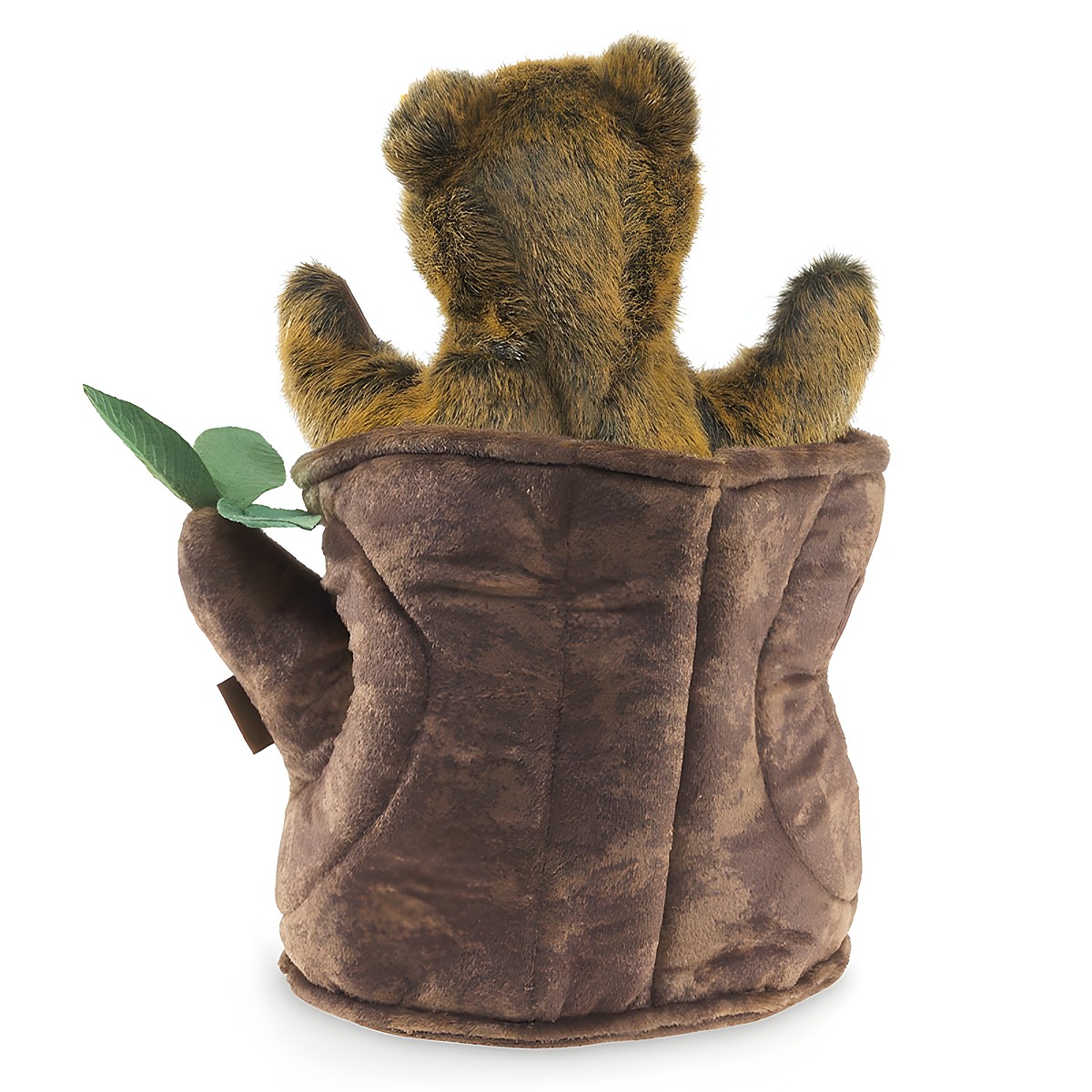 Folkmanis Bear in Tree Stump hand puppet, rear view: brown-golden bear cub peeking out of a plush tree stump with a green leaf