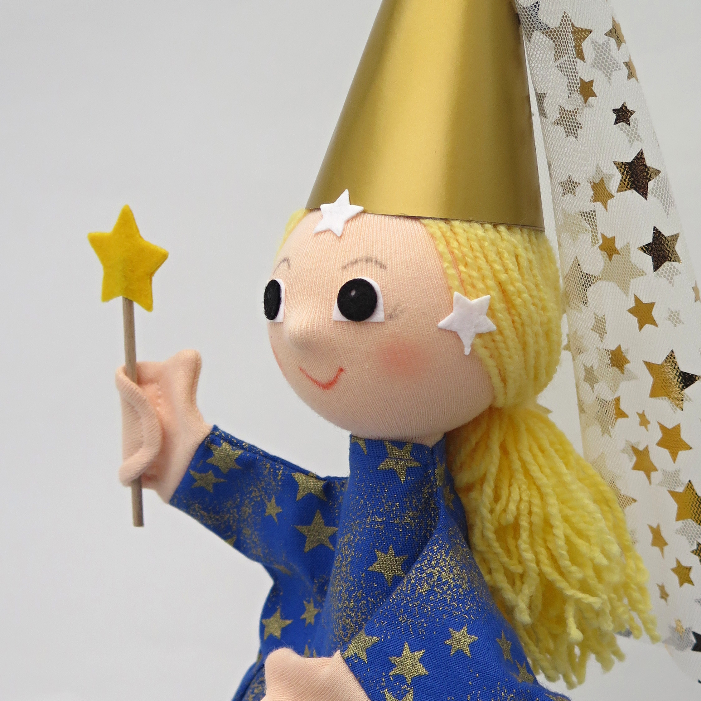 Punch and Judy puppet midnight fairy by munabo with a golden pointed hat, star veil and star wand