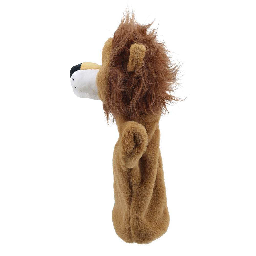 The Puppet Company baby hand puppet lion, brown puppet with a white muzzle and mane, side view