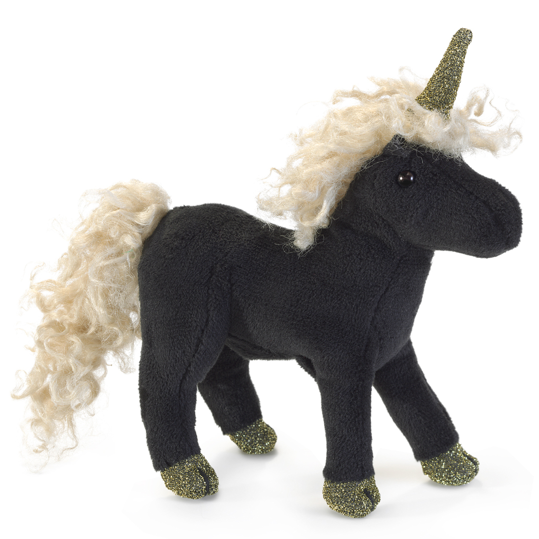 Folkmanis mini black unicorn finger puppet in side view, black plush coat, cream curly mane, gold glitter horn and hooves