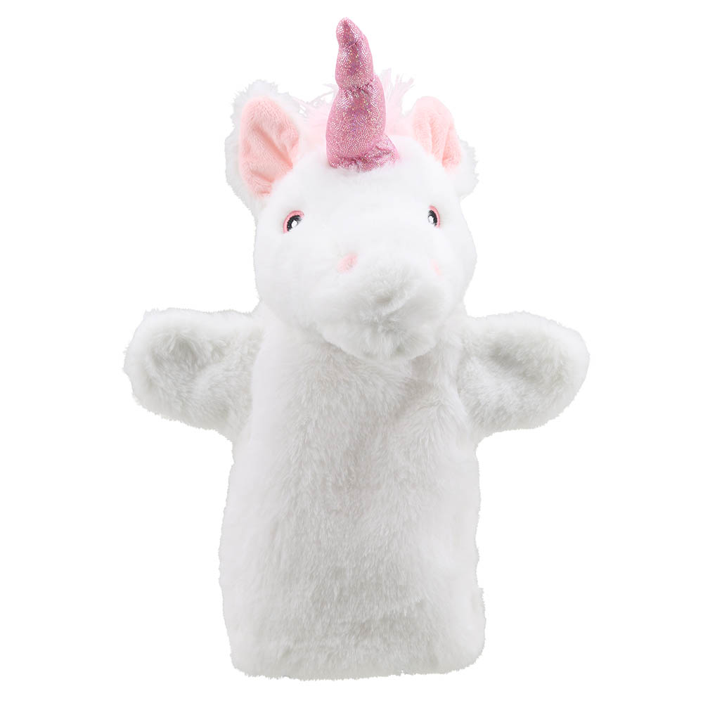 The Puppet Company Handpuppe Einhorn, weiße Figur mit rosa Glitzerhorn und rosa Ohren, Frontansicht