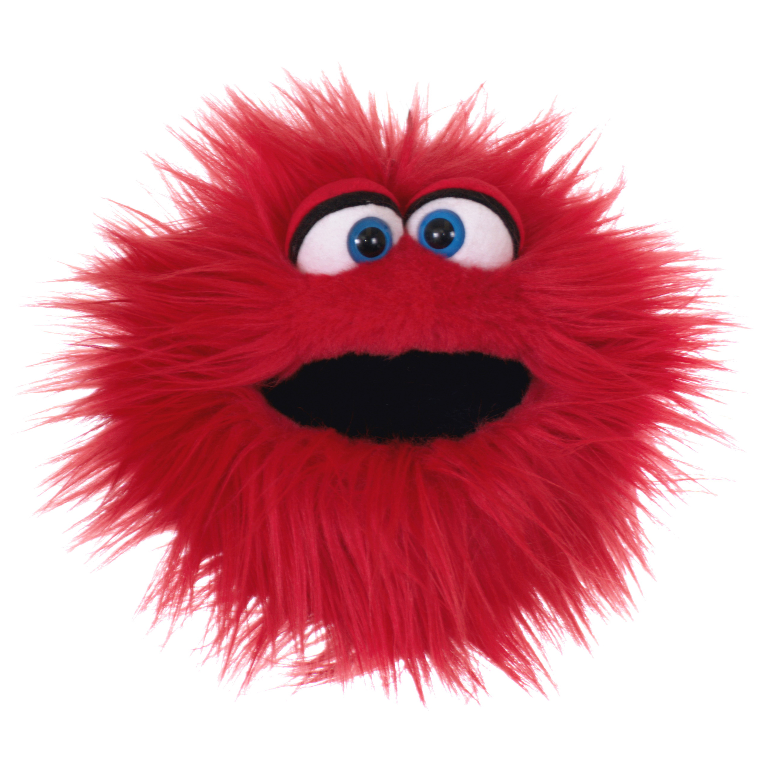 Living Puppets hand puppet Klatschtriene, red shaggy monster with blue eyes and an open black mouth, front view