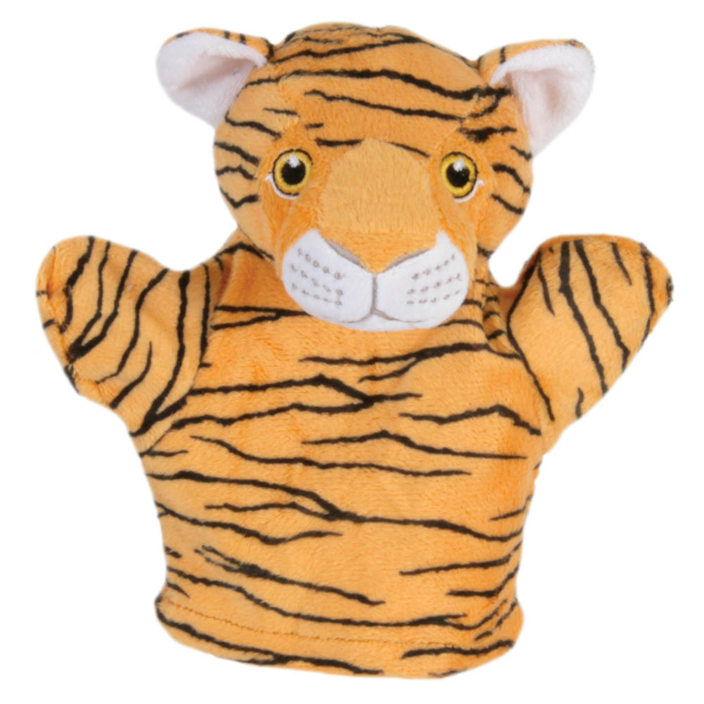 The Puppet Company baby hand puppet tiger, orange and black striped puppet with a white muzzle