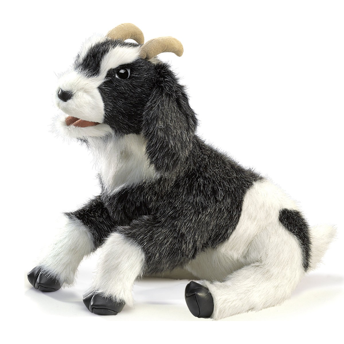 Folkmanis Handpuppe Ziege mit schwarz-weißem Fell, geschwungenen Hörnern und geöffnetem Maul, sitzend in Seitenansicht