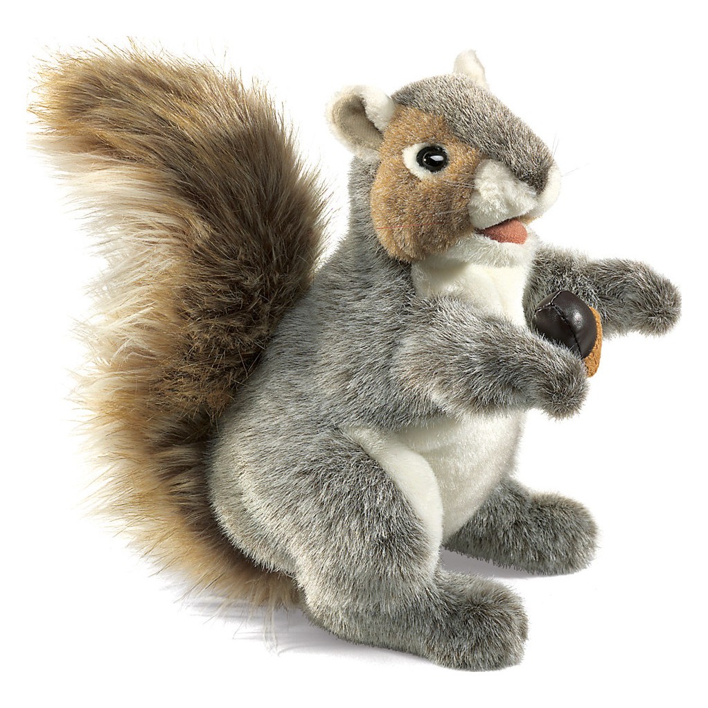 Folkmanis Handpuppe graues Eichhörnchen mit rotbraunem Schwanz, hält eine Eichel in den Vorderpfoten, Seitenansicht