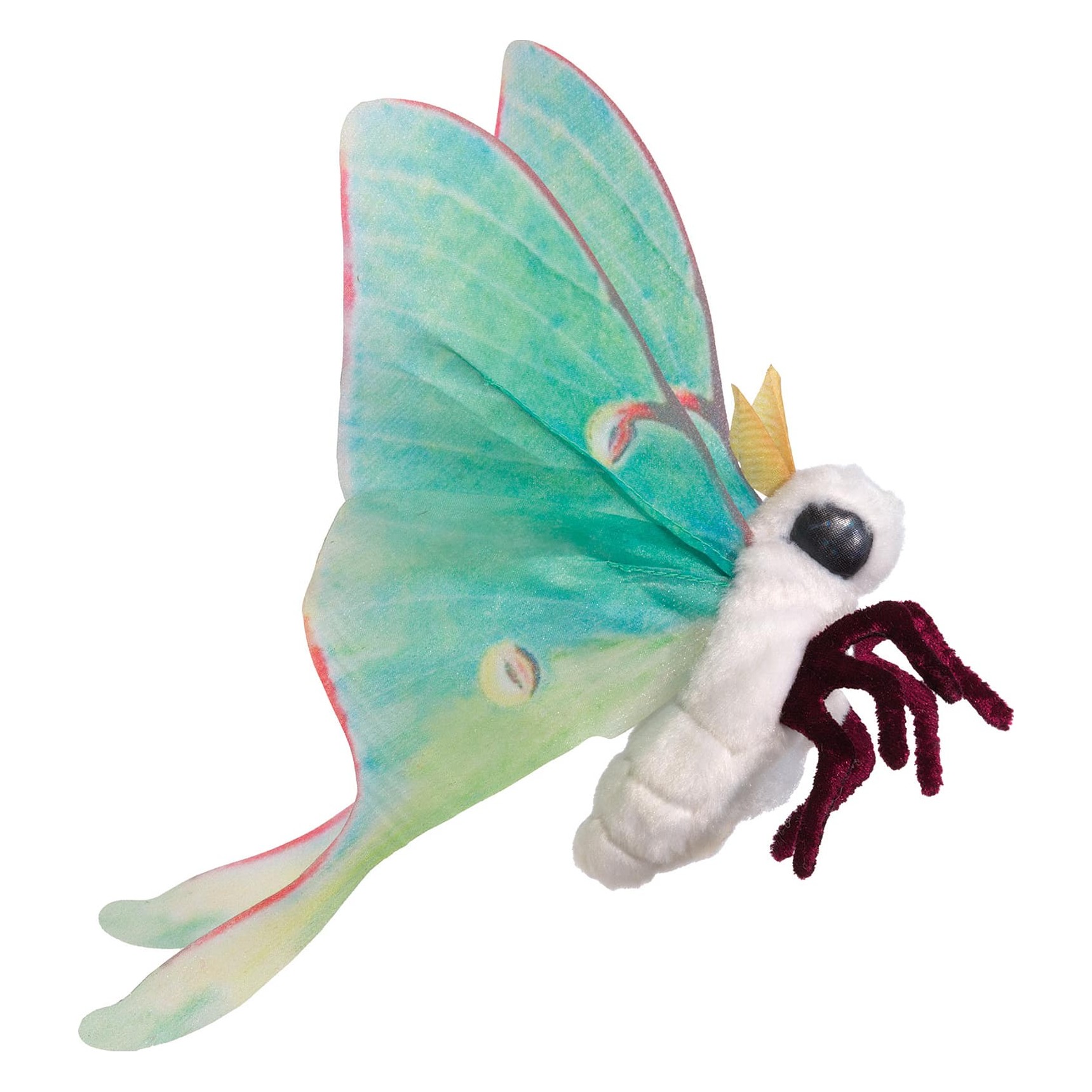 Folkmanis mini luna moth finger puppet with mint-green wings, white body and dark-red legs shown from the side