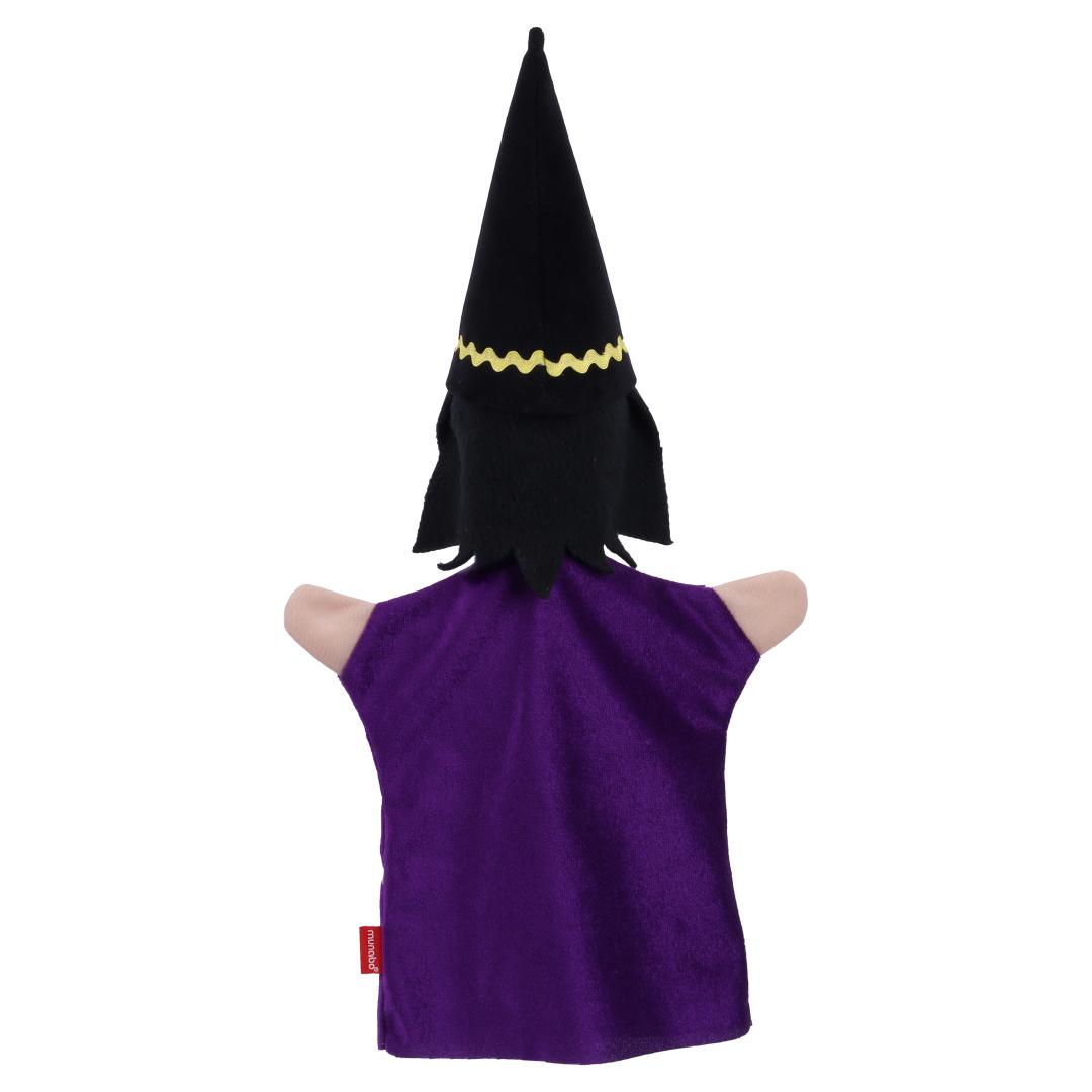 Magician hand puppet by munabo, rear view of the black pointed hat over shoulder-length hair.