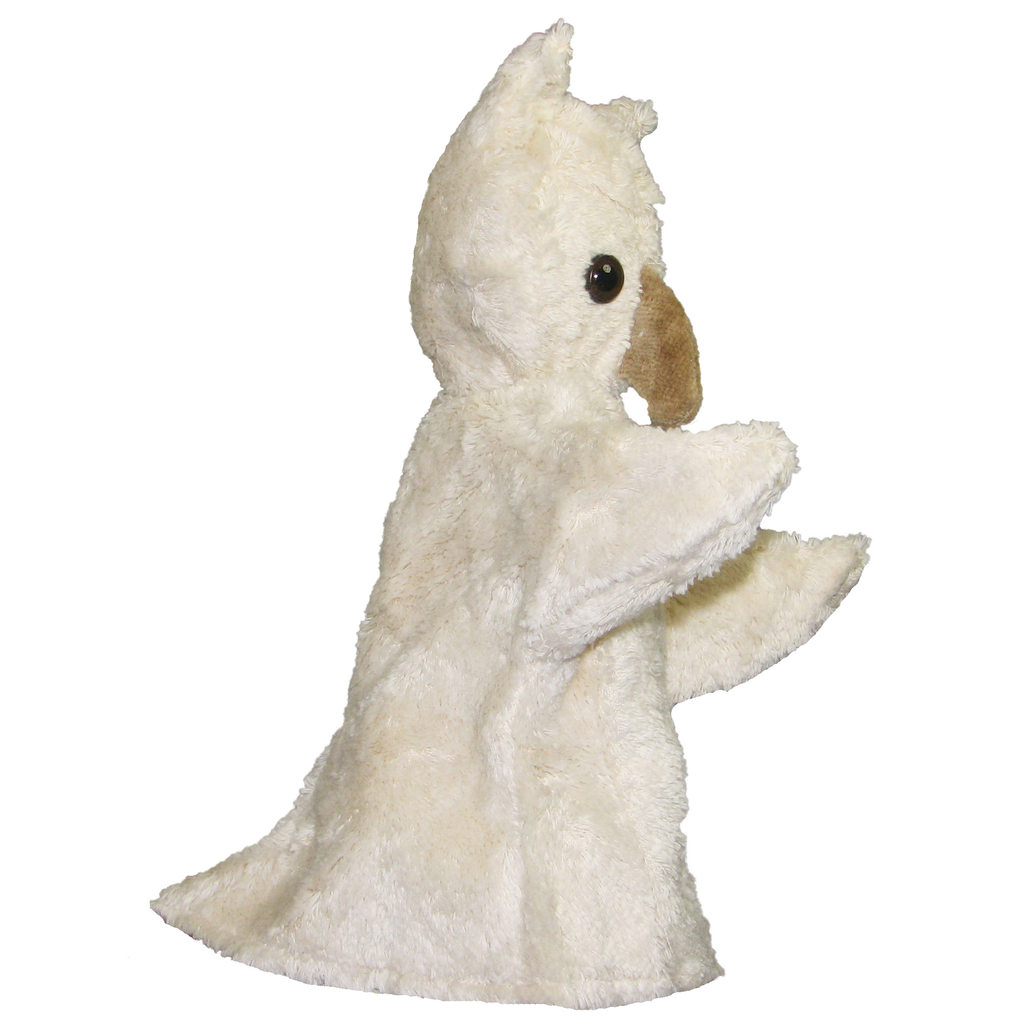 Kallisto hand puppet owl white, side view with a light brown beak and pointed ear tufts