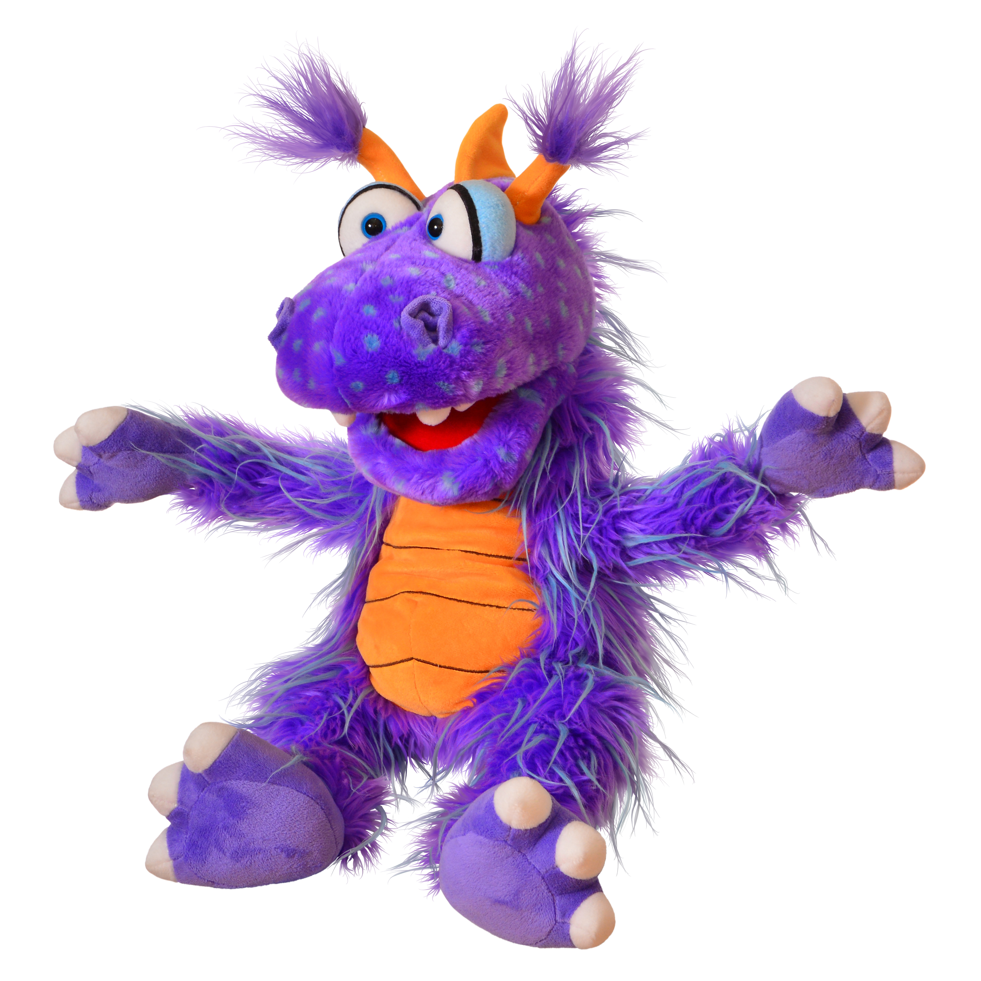 Handpuppe Ratschepü der Drache von Living Puppets, lila Zottelfigur mit orangefarbenem Rippenbauch, kleinen Hörnern und weit ausgebreiteten Armen von vorn