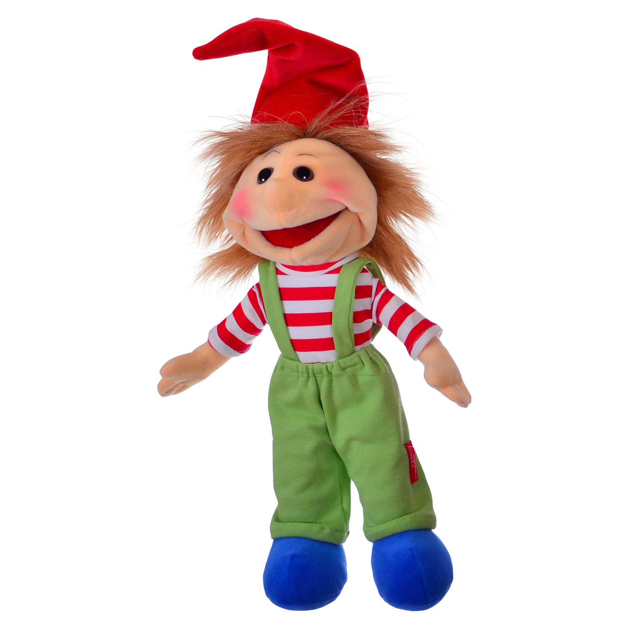 Living Puppets Handpuppe Zipfel Mini mit roter Zipfelmütze, rot-weiß gestreiftem Shirt, grüner Latzhose und blauen Schuhen