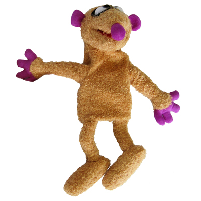 Heunec hand puppet meerkat Jan, beige plush character with outstretched arms and purple paws, front view