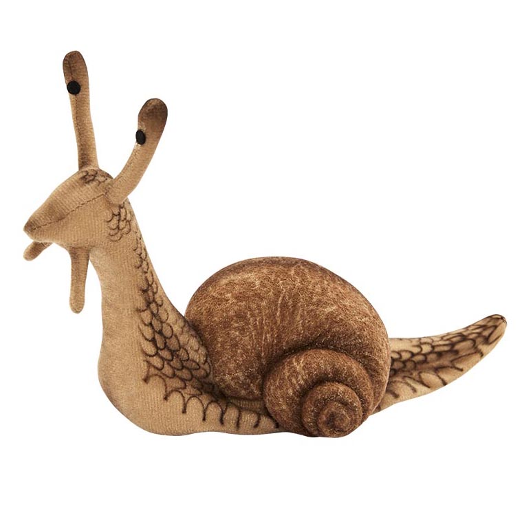 Snail by Hansa Creation as a plush figure in light brown with a patterned body and spiral shell
