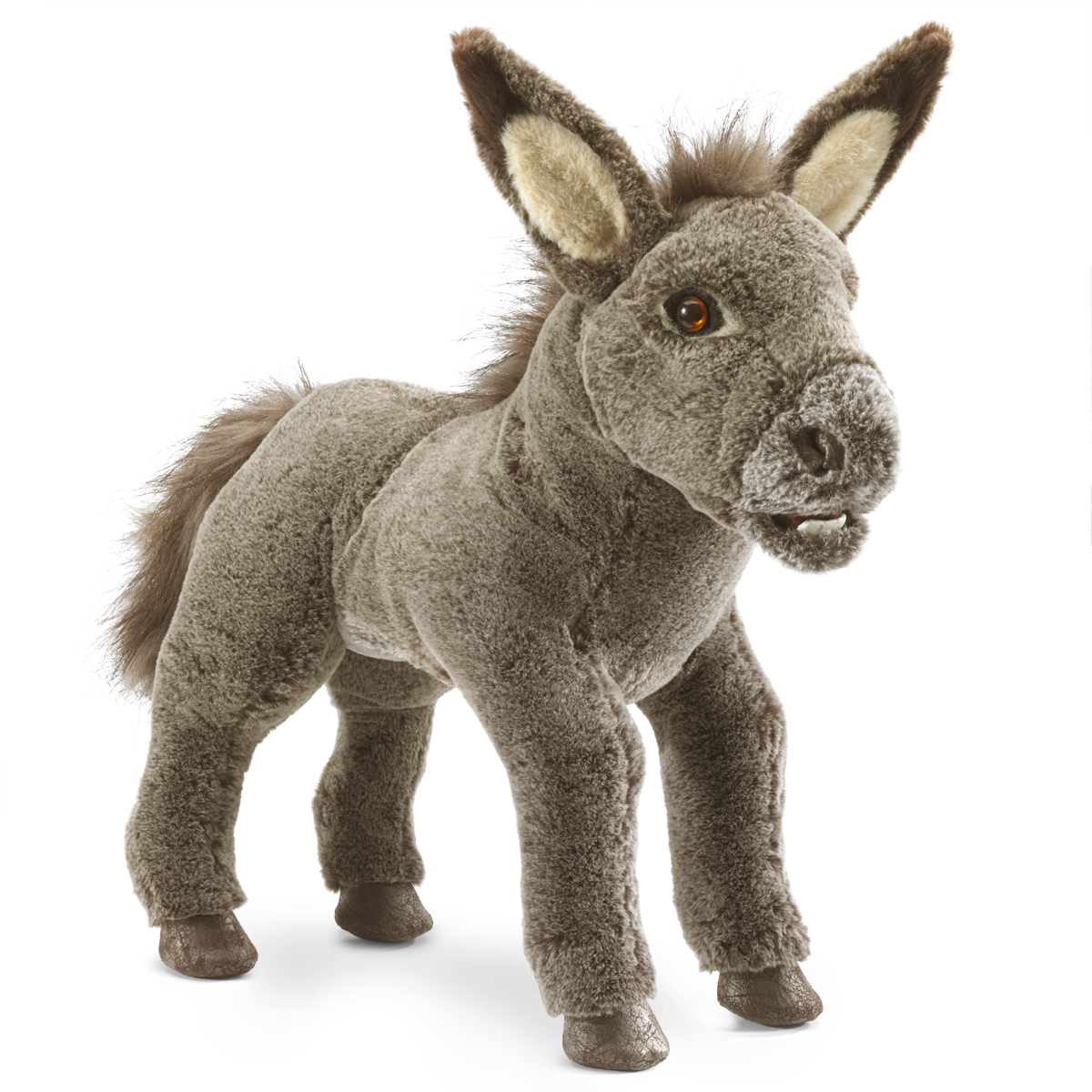 Folkmanis baby donkey hand puppet in grey plush, standing with large ears and movable mouth, angled view