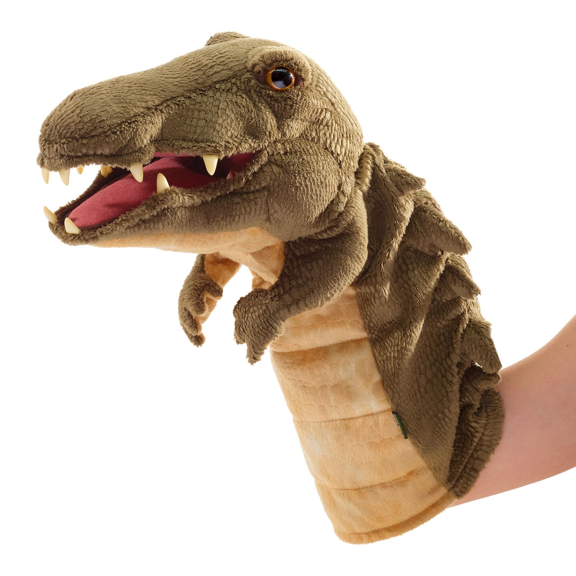 Folkmanis Handpuppe Krokodil mit geöffnetem Maul, sichtbaren Zähnen und olivgrüner Plüschstruktur, auf Hand geführt