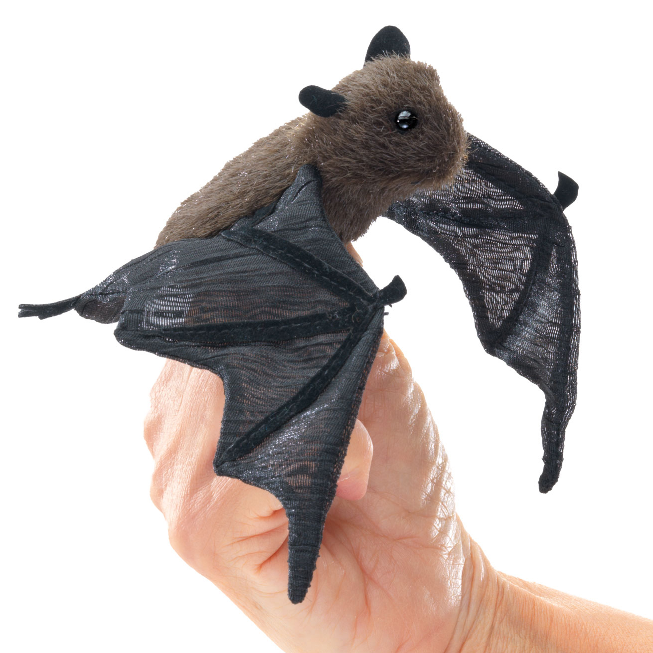 Folkmanis mini bat finger puppet with a brown plush body and black mesh wings on a hand